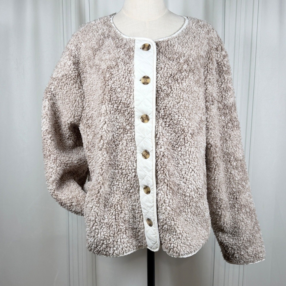Lucky Brand Faux Shearling Jacket Neutral Multi Taupe Quilted Trim Button L